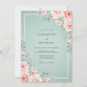 Convites Casamento Aquarela Azul Espuma e Rosado