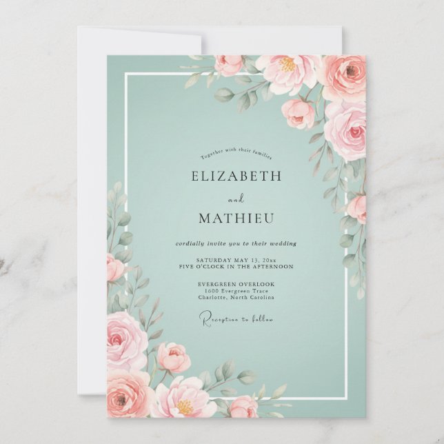 Convites Casamento Aquarela Azul Espuma e Rosado (Frente)