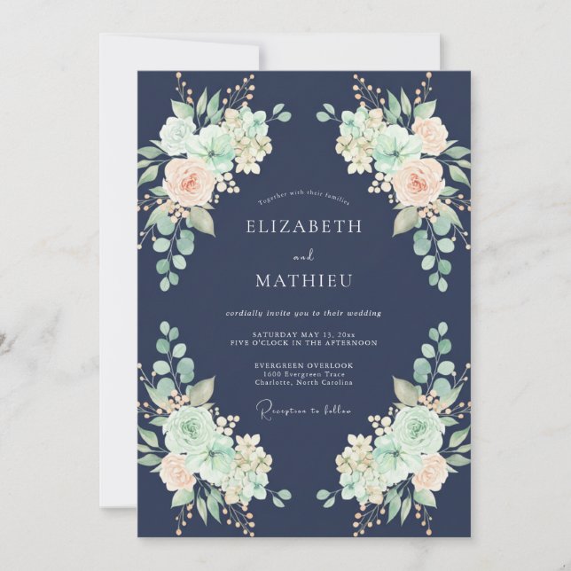 Convites Casamento Aquarela Azul Marinho e Pêssego (Frente)