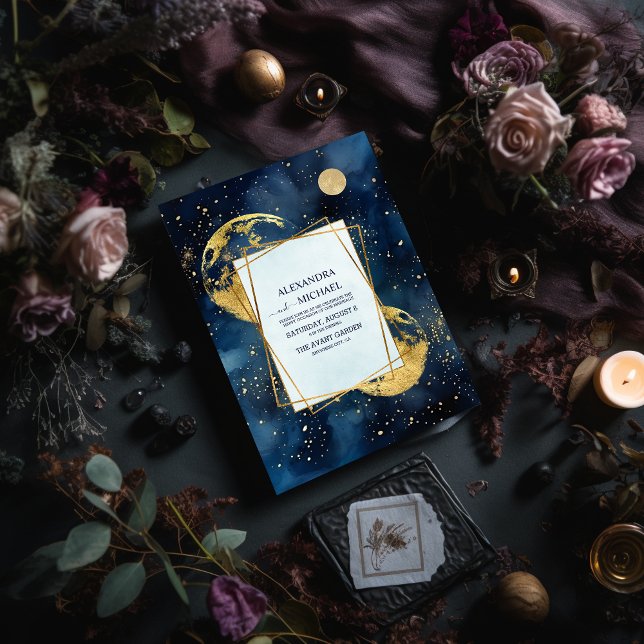 Convites Casamento Aquarela Azul Meia-Noite Místico e Doura (Criador carregado)