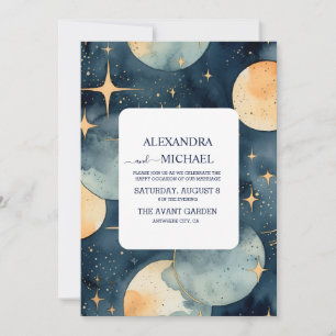 Convites Casamento Aquarela Azul Mystic Midnight e Dourado