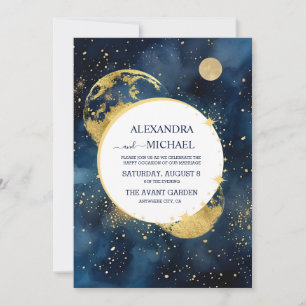 Convites Casamento Aquarela Azul Mystic Midnight e Dourado