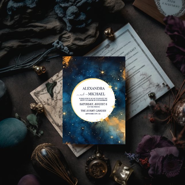 Convites Casamento Aquarela Azul Mystic Midnight e Dourado (Criador carregado)