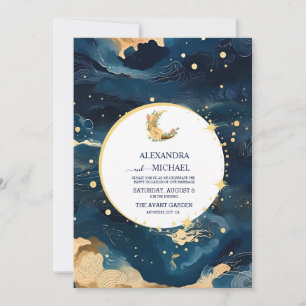 Convites Casamento Aquarela Azul Mystic Midnight e Dourado