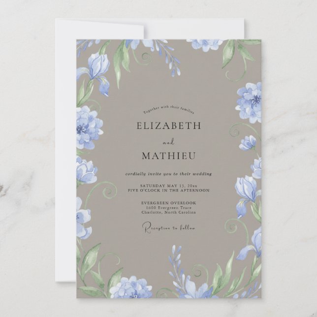 Convites Casamento Aquarela Azul-Pervinca Bege (Frente)