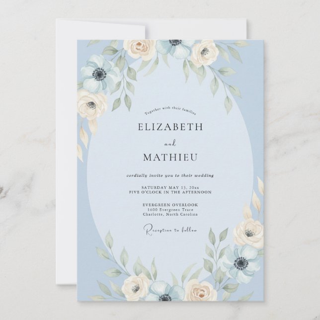 Convites Casamento Aquarela Azul Pó (Frente)