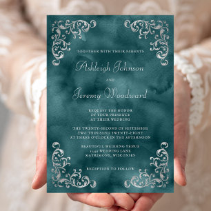Convites Casamento Aquarela Azul Teal Prata Vintage