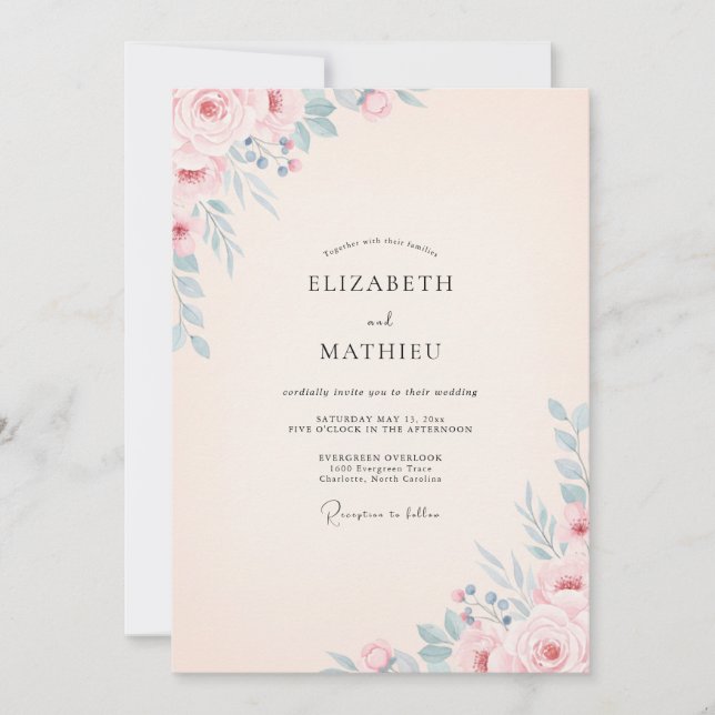 Convites Casamento Aquarela Botânica Azul Rosa (Frente)