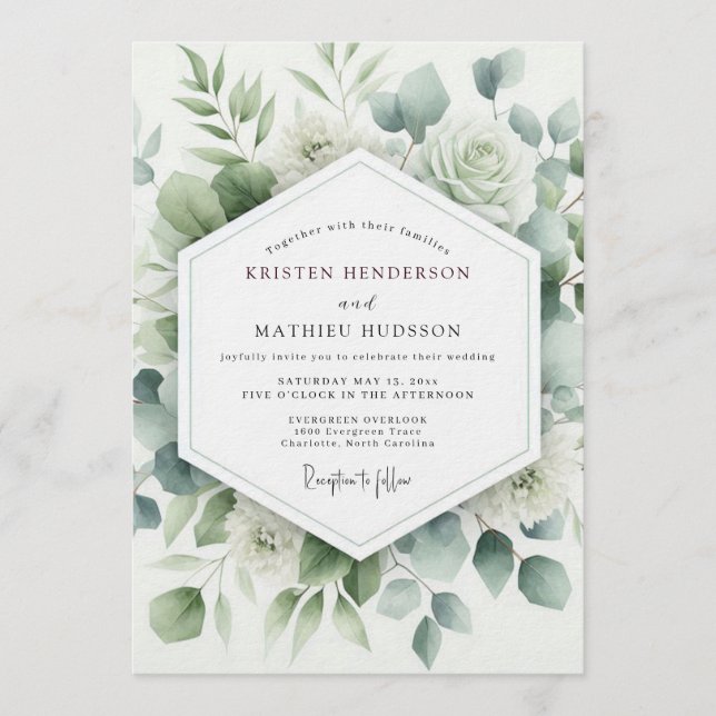 Convites Casamento Aquarela Botânica Sage (Frente)