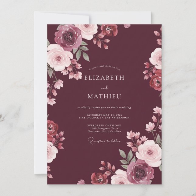 Convites Casamento Aquarela Botânica Vinho (Frente)