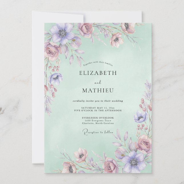Convites Casamento Aquarela Celadon Malva (Frente)