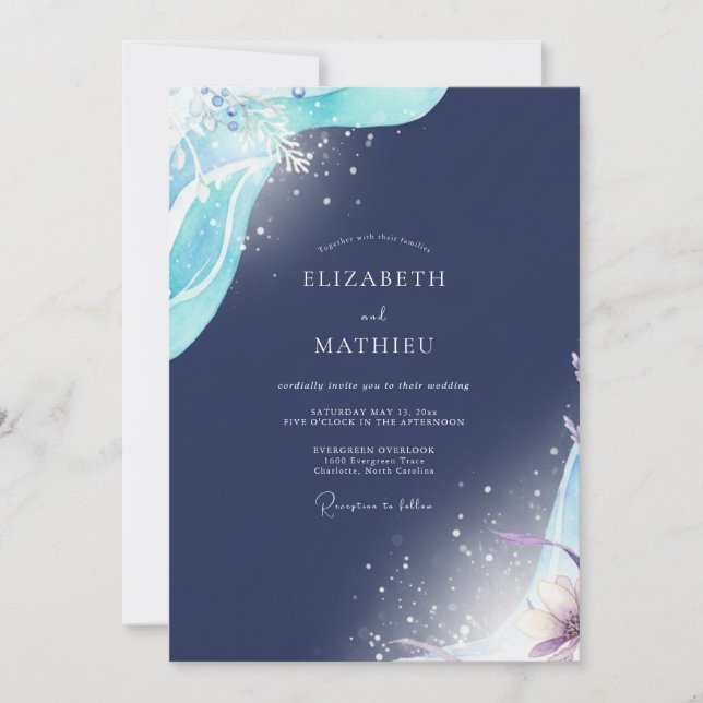 Convites Casamento Aquarela Celestial Azul-Navy (Frente)
