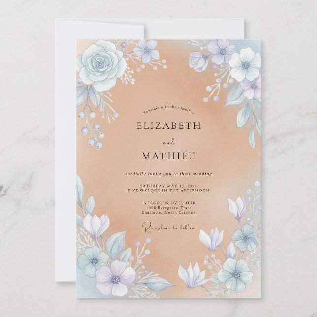Convites Casamento Aquarela Champanhe e Periwinkle (Frente)
