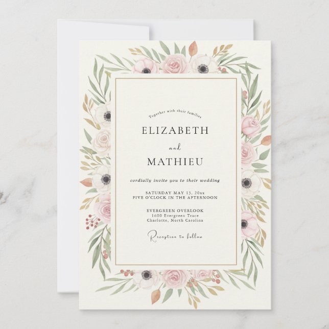 Convites Casamento Aquarela Champanhe Rosado (Frente)