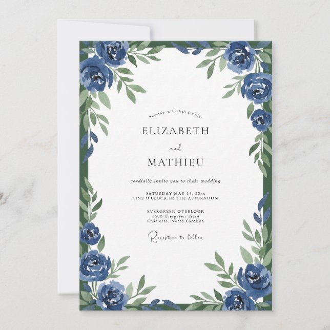 Convites Casamento Aquarela Cobalt Bloom (Frente)