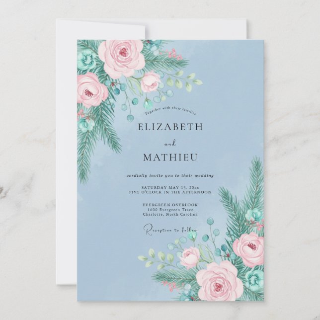 Convites Casamento Aquarela com Água de Pinheiro e Rosa (Frente)