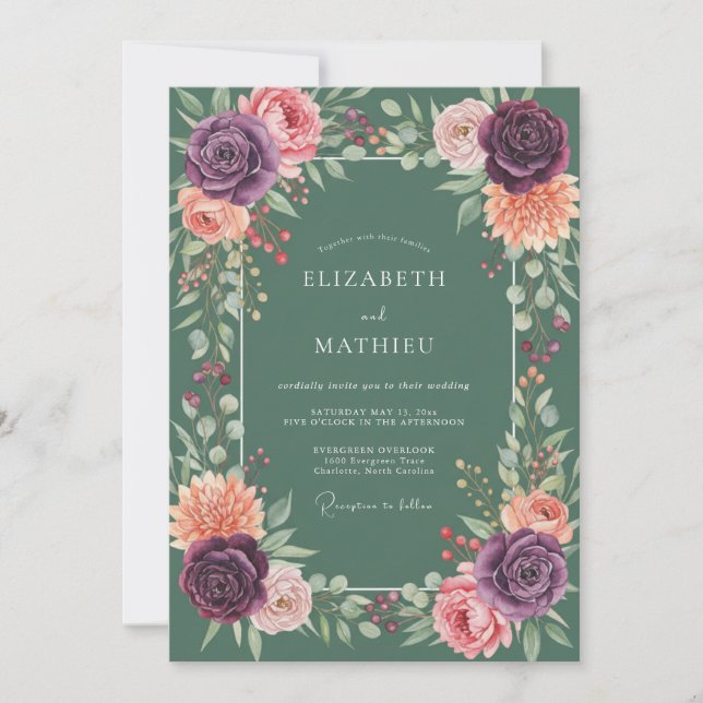 Convites Casamento Aquarela com Ameixa e Salvia (Frente)
