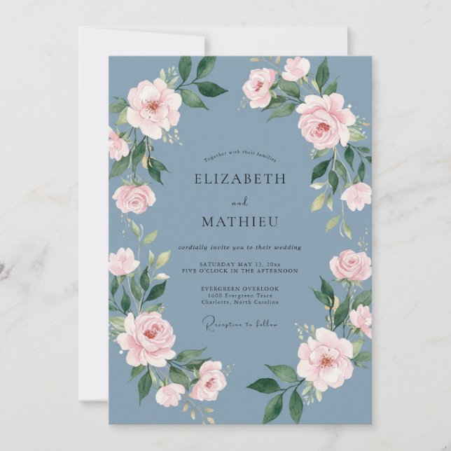 Convites Casamento Aquarela com Bege e Azul Aço (Frente)