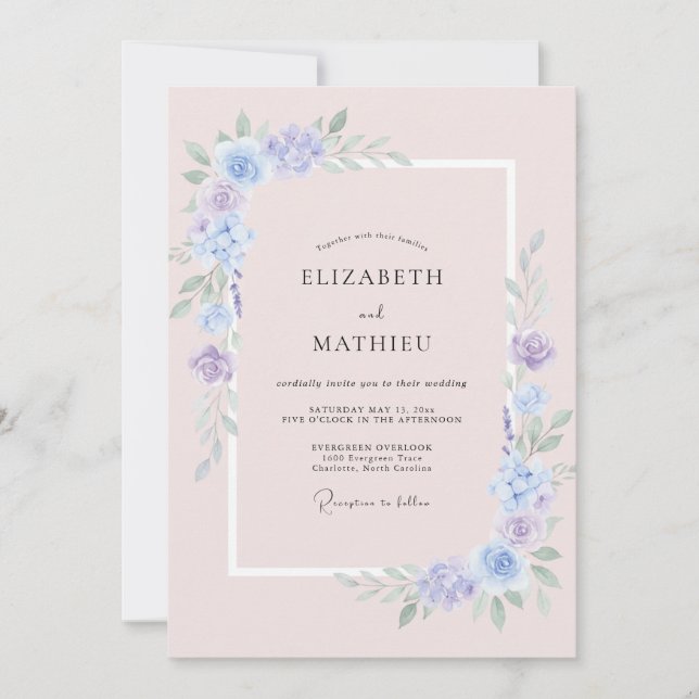 Convites Casamento Aquarela com Bege e Azul-margarida (Frente)