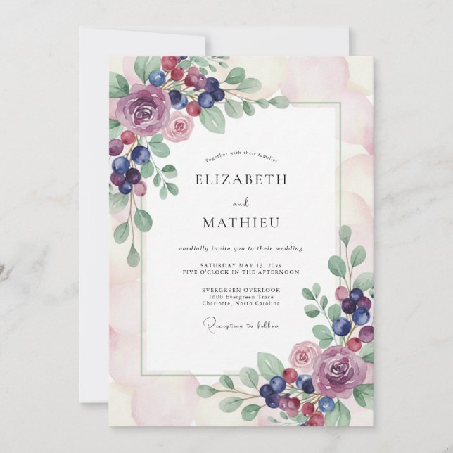 Convites Casamento Aquarela com Frutas Roxas (Frente)