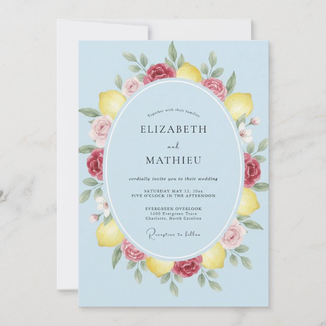 Convites Casamento Aquarela com Limão Azul (Frente)