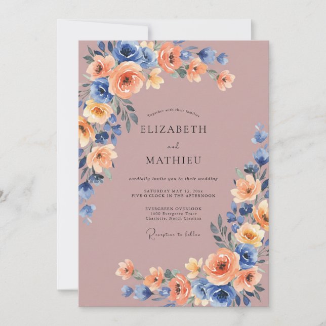 Convites Casamento Aquarela com Malva e Centáurea (Frente)