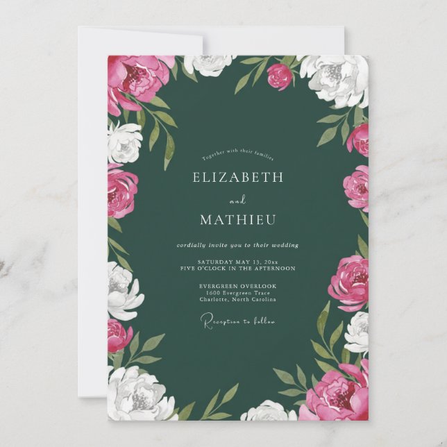 Convites Casamento Aquarela com Peônia Verde Esmeralda (Frente)