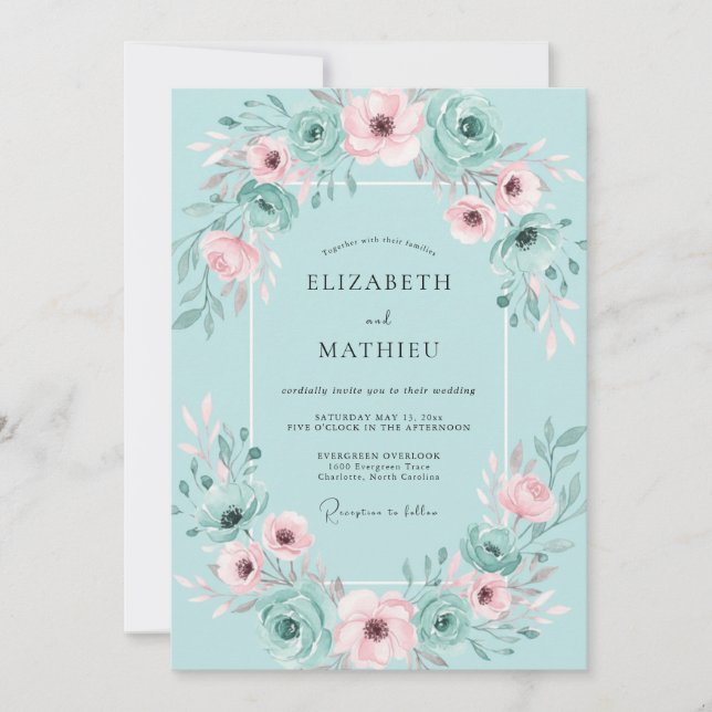 Convites Casamento Aquarela com Rosa Aqua (Frente)
