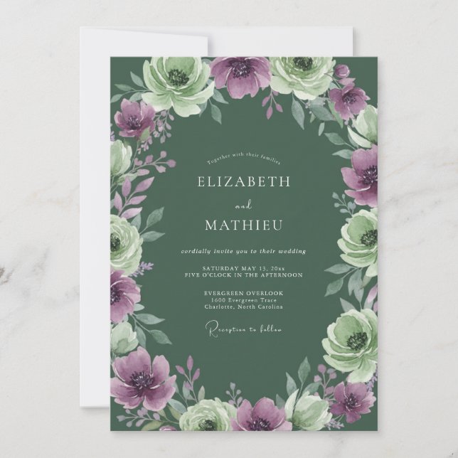 Convites Casamento Aquarela com Sage Roxo (Frente)