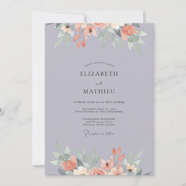 Convites Casamento Aquarela com Tons de Damasco Rosa-Malva (Frente)
