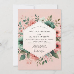 Convites Casamento Aquarela com Toque de Rosa e Verde Turqu