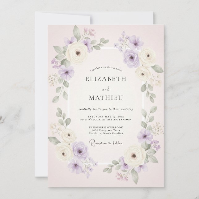 Convites Casamento Aquarela com Toque de Rosa Mauve (Frente)