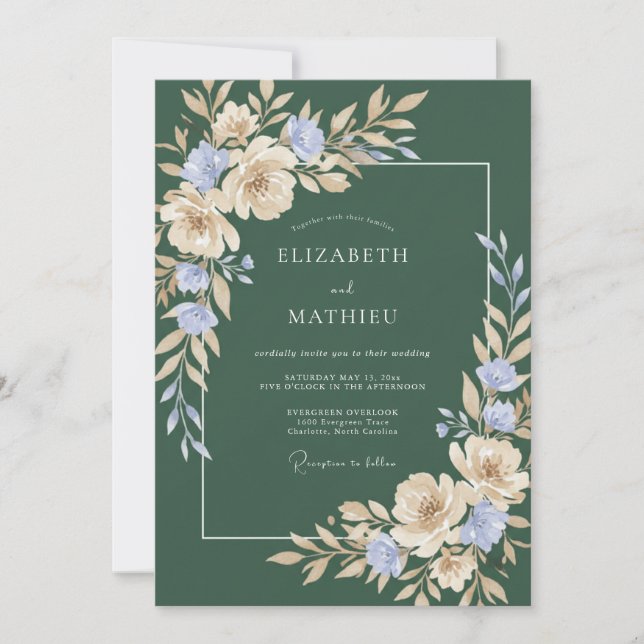 Convites Casamento Aquarela com Verde Esmeralda e Periwinkl (Frente)
