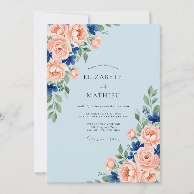 Convites Casamento Aquarela Coral Azure (Frente)