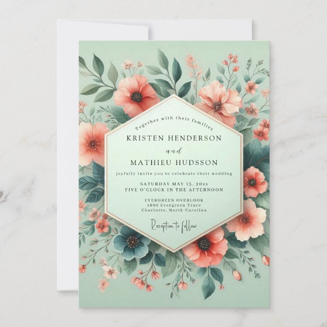 Convites Casamento Aquarela Coral Mint em Flor (Frente)