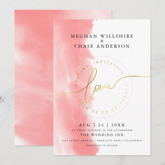 Convites CASAMENTO | Aquarela Coral Rosa (Frente/Verso)