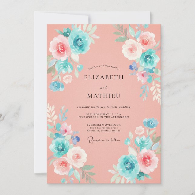 Convites Casamento Aquarela Coral Turquesa (Frente)