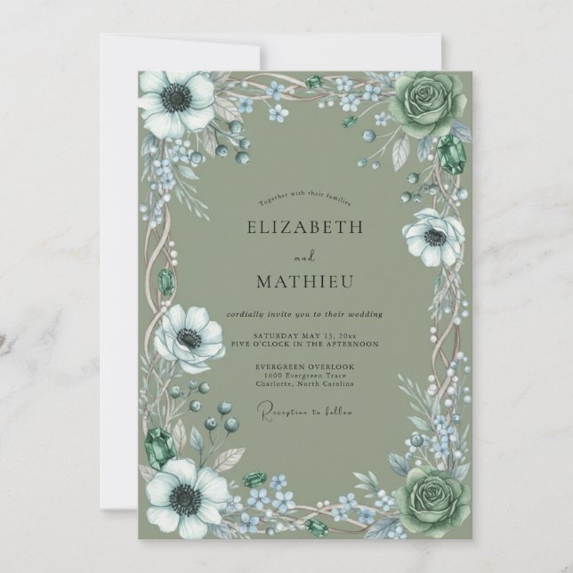 Convites Casamento Aquarela de Anêmona Oliva (Frente)