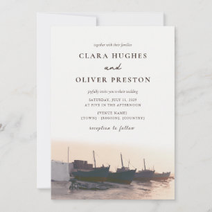 Convites Casamento Aquarela de Barco de Pesca no Porto das