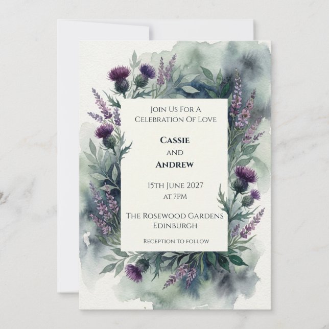 Convites Casamento Aquarela de Cardo Roxo Temperamental com (Frente)
