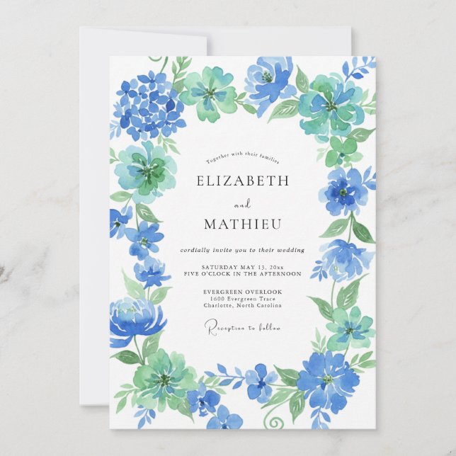 Convites Casamento Aquarela de Centáurea e Hortelã (Frente)