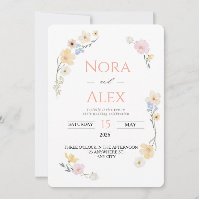 Convites Casamento Aquarela de Flores Silvestres (Frente)