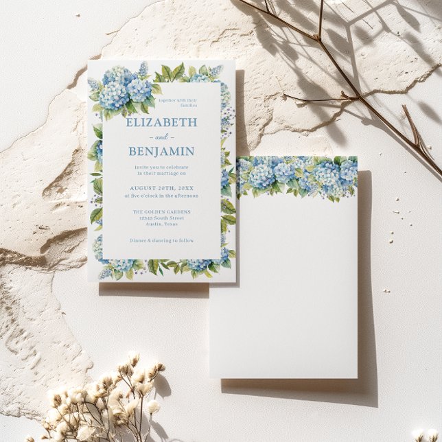 Convites Casamento Aquarela de Hortênsias Azuis Florais (Front / Back)