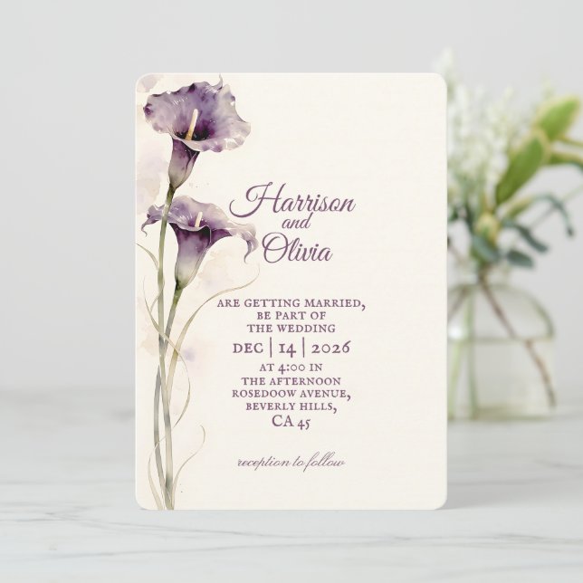 Convites Casamento aquarela de Lírio-de-Calla Roxo Minimali (Em pé/Frente)