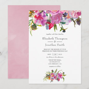 Convites Casamento Aquarela de Peônias Rosa Antigo