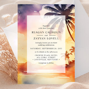 Convites Casamento Aquarela do Pôr do Sol em Palms Sussurra