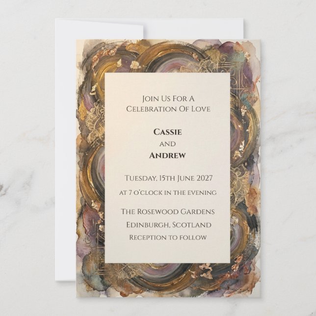 Convites Casamento Aquarela Dourada Geodo Ágata Rústica (Frente)