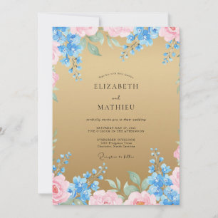 Convites Casamento Aquarela Dourado Azul-Celeste