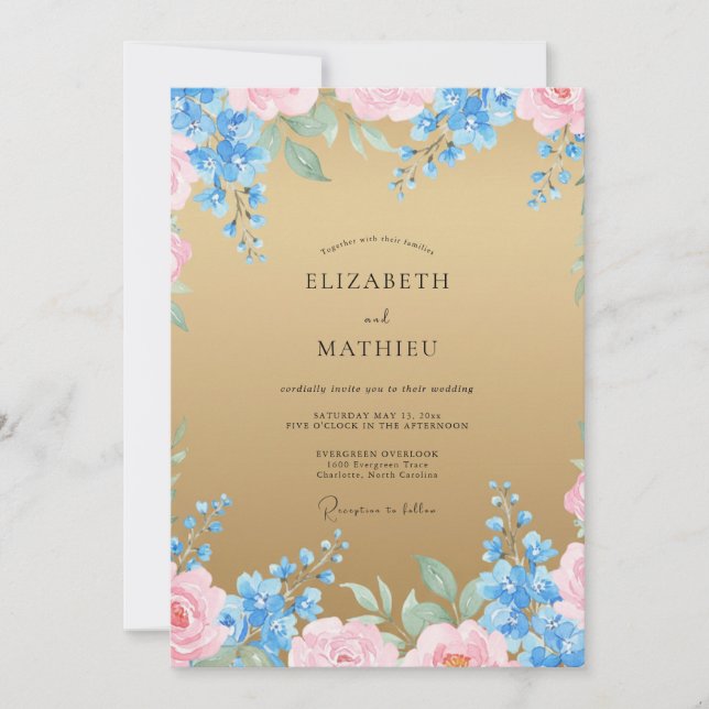 Convites Casamento Aquarela Dourado Azul-Celeste (Frente)