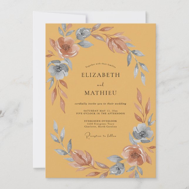 Convites Casamento Aquarela em Aço Mostarda (Frente)